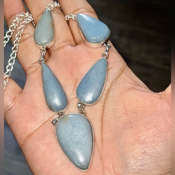 Blue Smooth Anhydrite Angelite Necklace 15”-16” - Picture 4 of 13